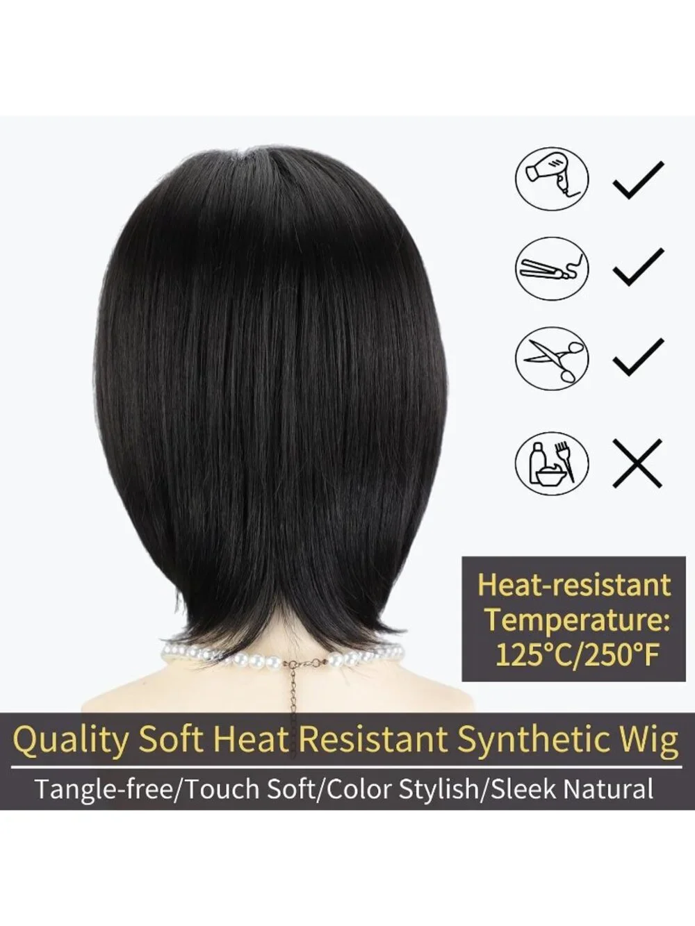 Women's Black 12 Inch Mid Length Heat Synthetic Straight Layered Bob Wigs
